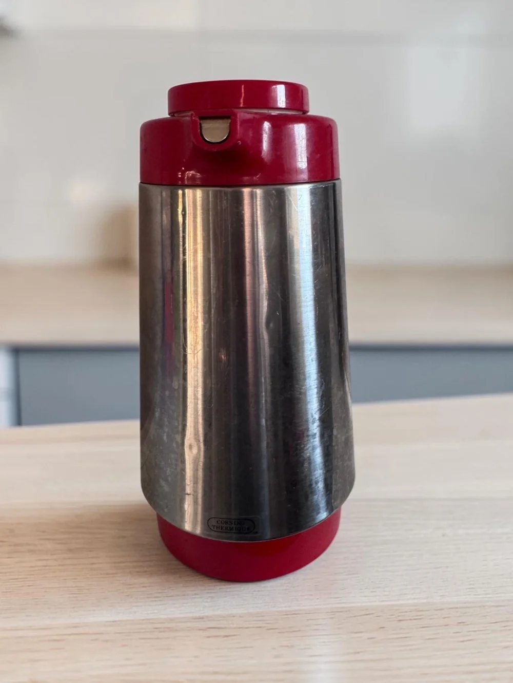 Vintage Corning Thermatique Stainless Steel and Red Plastic Coffee Carafe